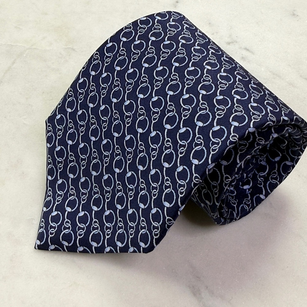 Brooks Brothers Tie Mens OS Navy Blue Silk Chain Link Bit Pattern Classic Preppy